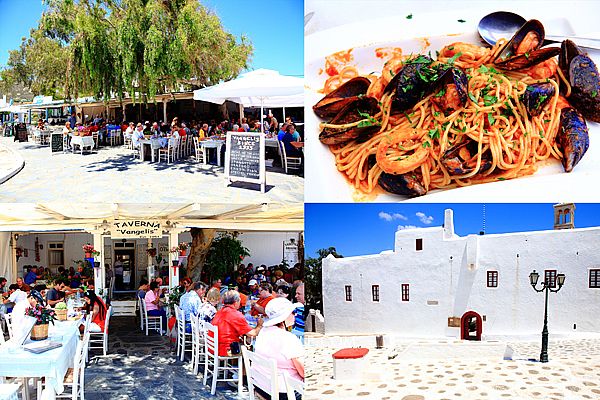 【希臘自助】Taverna Vangelis米克諾斯餐廳Mykonos，1953年開業至今，Taverna Vangelis in Ano Mera城市廣場露天景觀餐廳，一旁著名Panagia Tourliani Monastery修道院